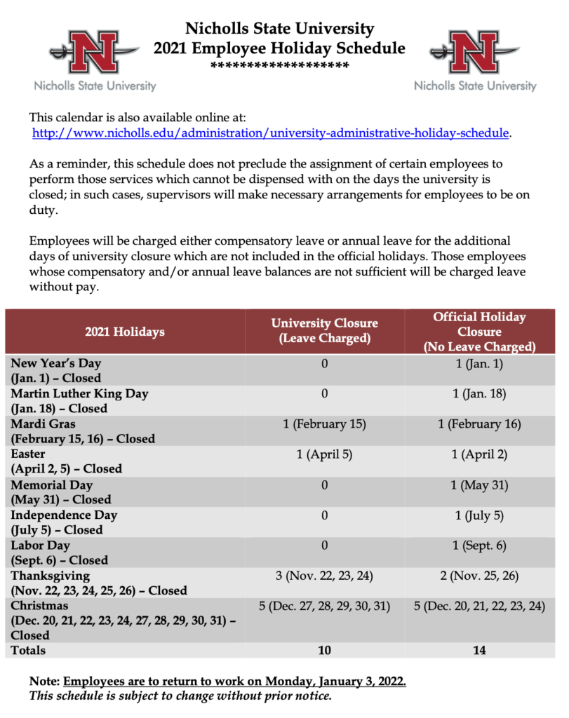 University Administrative Holiday Schedule Administration