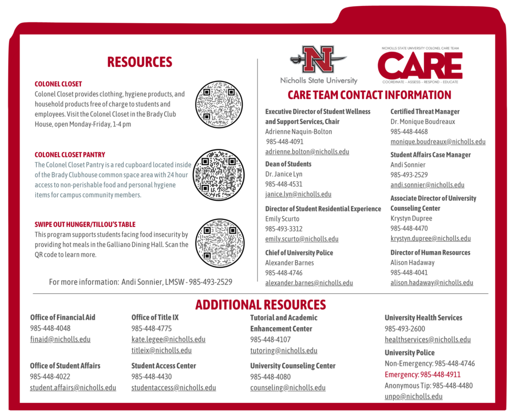 An informational page from the Nicholls State University CARE Team detailing campus resources including Colonel Closet, Colonel Closet Pantry, Swipe Out Hunger, and contact details for the CARE Team and campus offices.