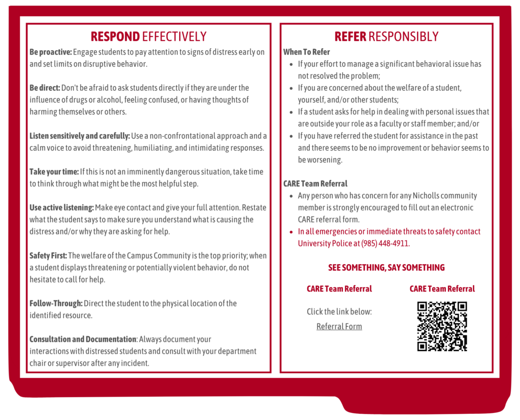 Colonel CARE Team guide on responding effectively and referring responsibly. It provides tips for supporting distressed students, explains when to refer a student to the CARE Team, and includes emergency contact information for University Police and a QR code and link to the CARE Team referral form.