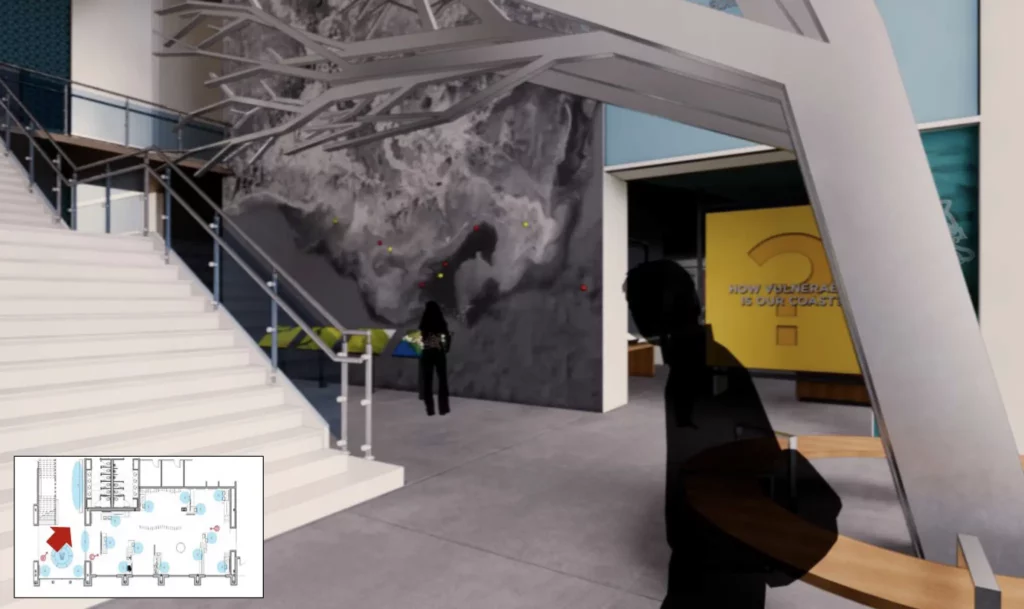 Inside the Atrium of the Coastal Center, showing a coastal map (left) and the Gallery entrance (right).