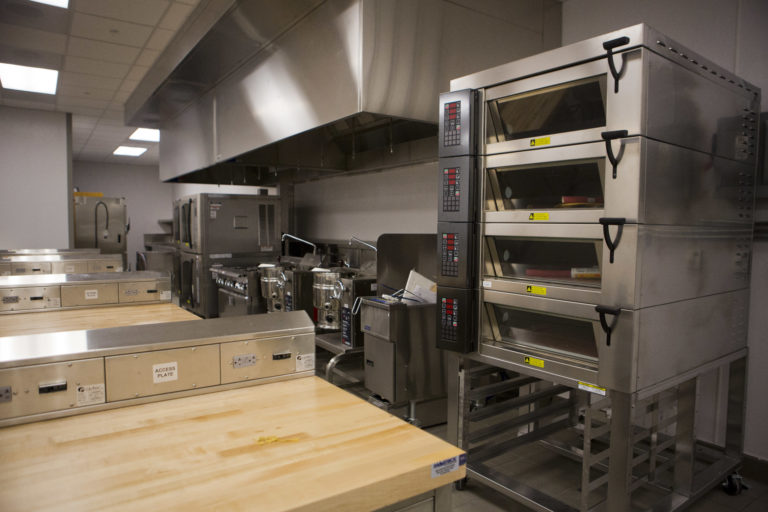 Pastry kitchen complete with commercial mixers and ovens, this kitchen offers instruction for the Institute’s most popular concentration.