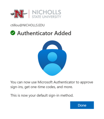 Example of the successful addition of the Authenticator