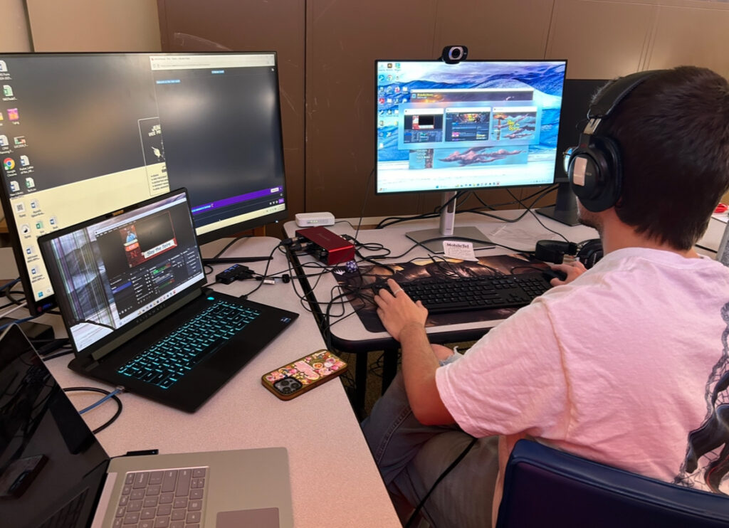 Andrew sets up for a stream. He and other librarians and volunteers will be streaming for 24 hours on Give-N-Day.
