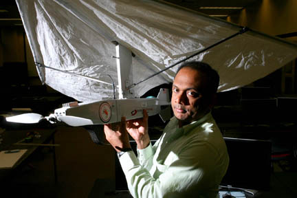 Dr. Balaji Ramachandran, assistant professor of geomatics, displays an unmanned aerial mapping vehicle – one of the features of the Geospatial Technology Center to be unveiled Friday, Feb. 13, at Nicholls State University.