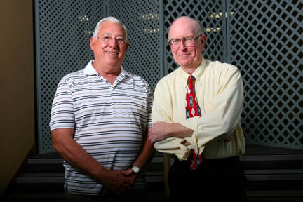 Pictured from left are Dr. Robert Falgout and Dr. James Barnidge, 40-year Nicholls veterans.