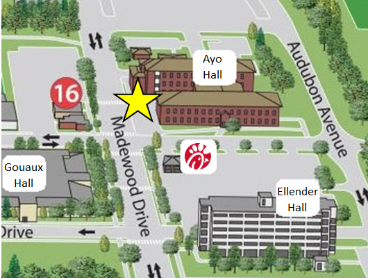 Campus map showing University Health Services inside of Ayo Hall.