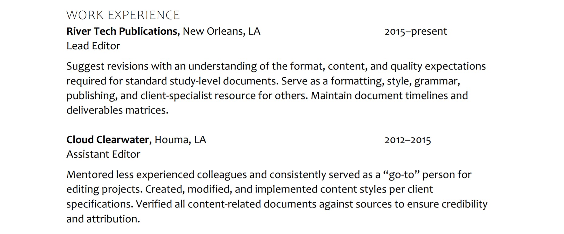 Sample work experience entries