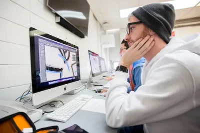 nicholls student sitting at a Mac computer designing a logo