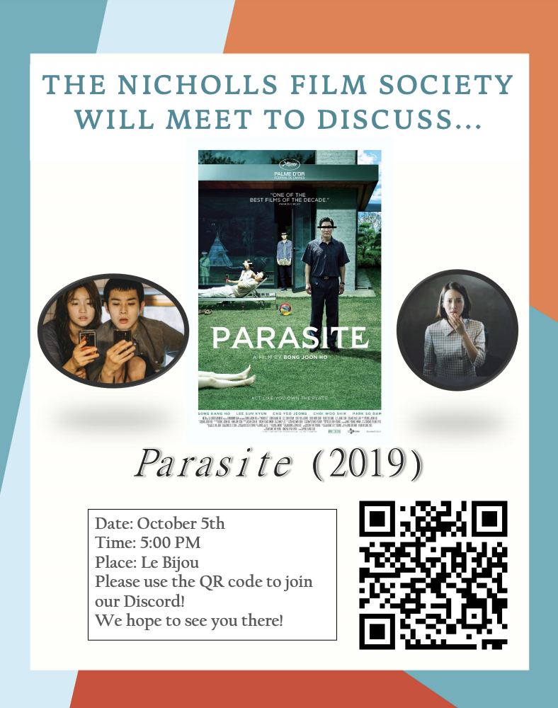 Poster for Film Society meeting and viewing of Parasite