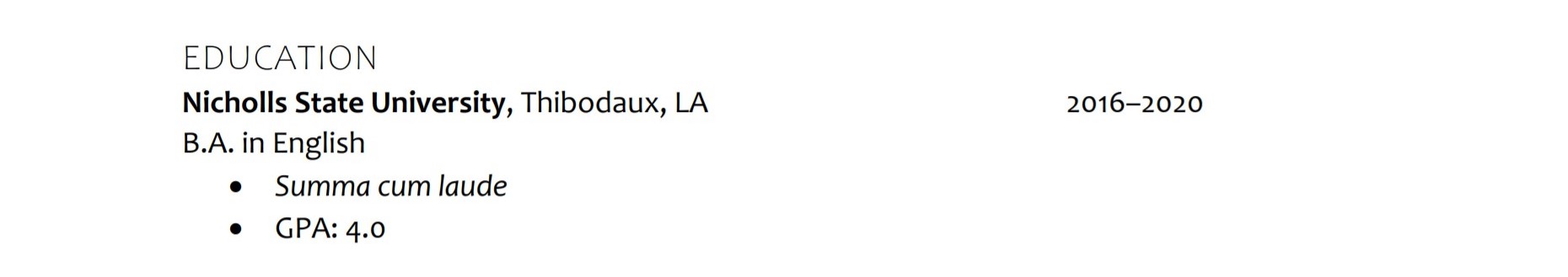 Sample education entry